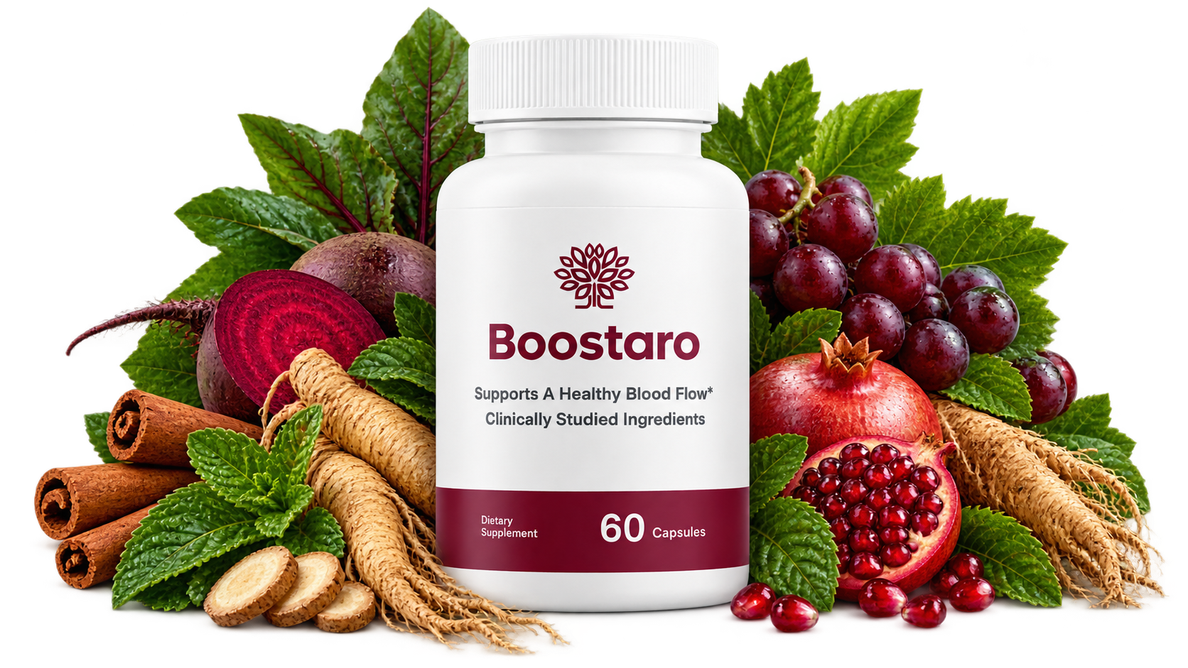Boostaro bottle in a premium botanical arrangement